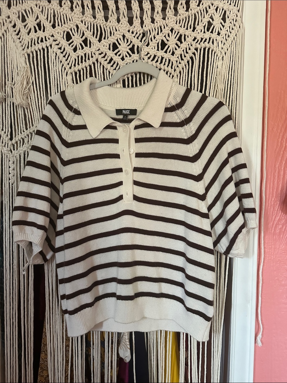 PAIGE Cream and Brown Striped Polo Knit Top